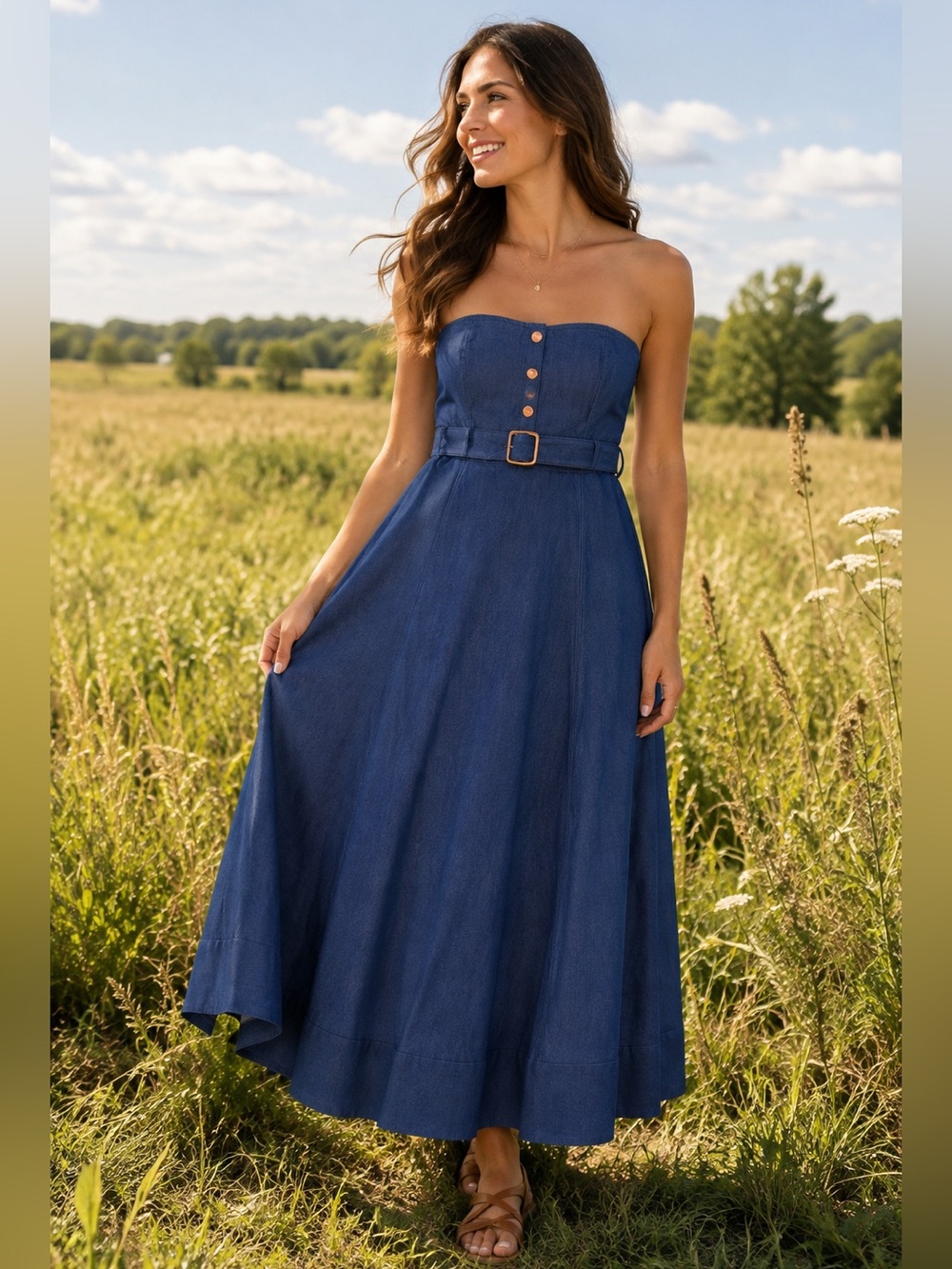 Strapless Dark Lightweight Denim Midi / Maxi Dress with Belt and Gold Buttons